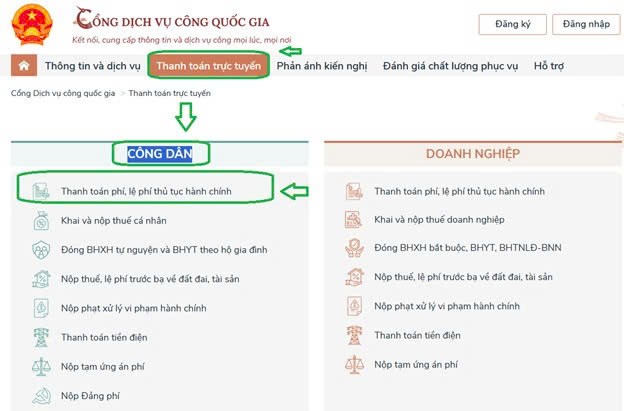 Hướng dẫn thanh toán trực tuyến trên Cổng dịch vụ công quốc gia (https://dichvucong.gov.vn)