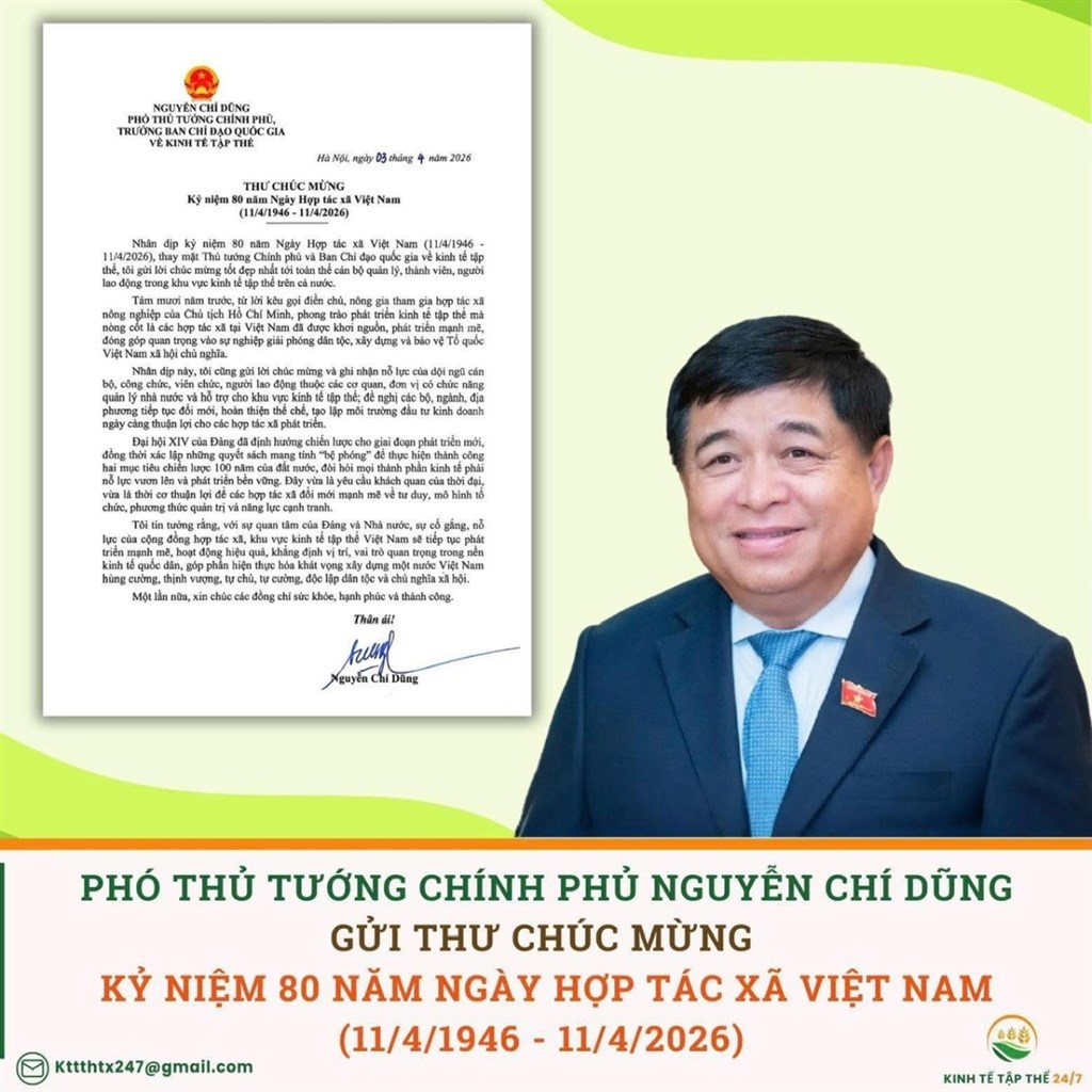 Phó thủ tướng Nguyễn Chí Dũng gửi thư chúc mừng khu vực Hợp tác xã