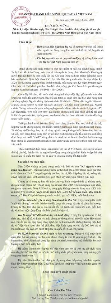 Thư chúc mừng kỷ niệm 80 năm ngày Bác Hồ gửi thư cho điền chủ, nông gia tham gia hợp tác xã nông nghiệp và Ngày Hợp tác xã Việt Nam 11/4